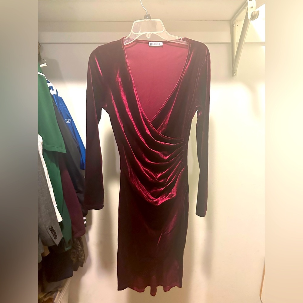 V-neck faux-wrap dress, red velvet.